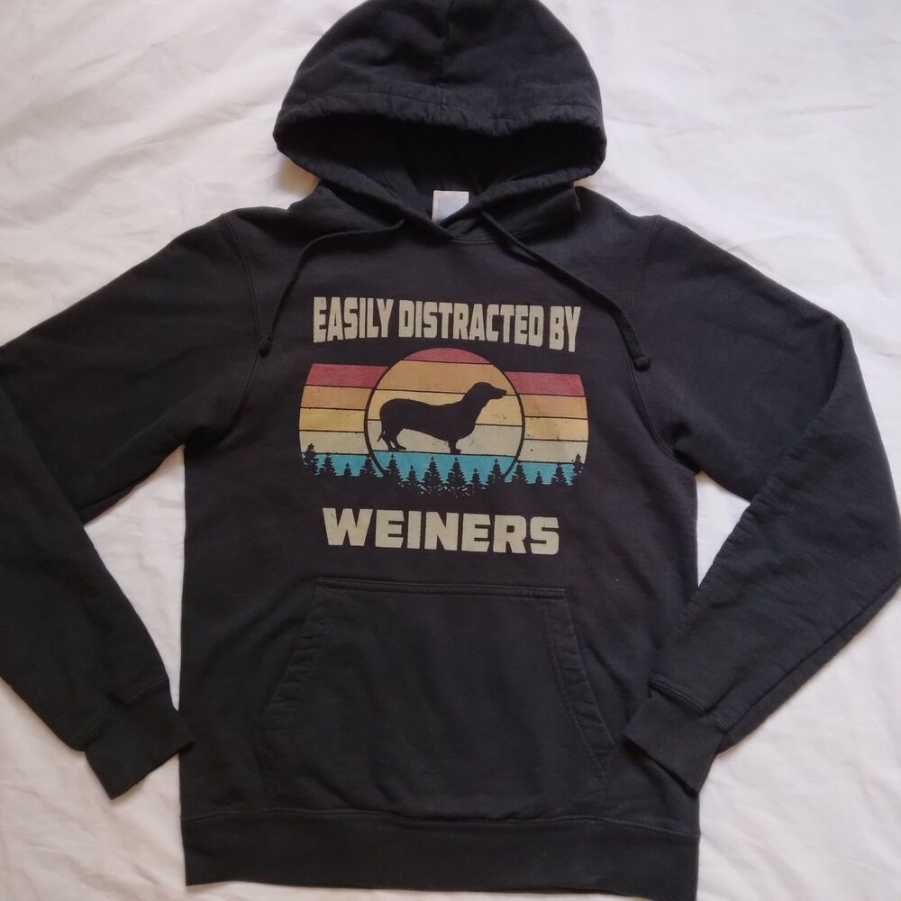Easily Distracted By Weiners Black Graphic Sweatshirt Hoodie Dachshund Small - Picture 2 of 6